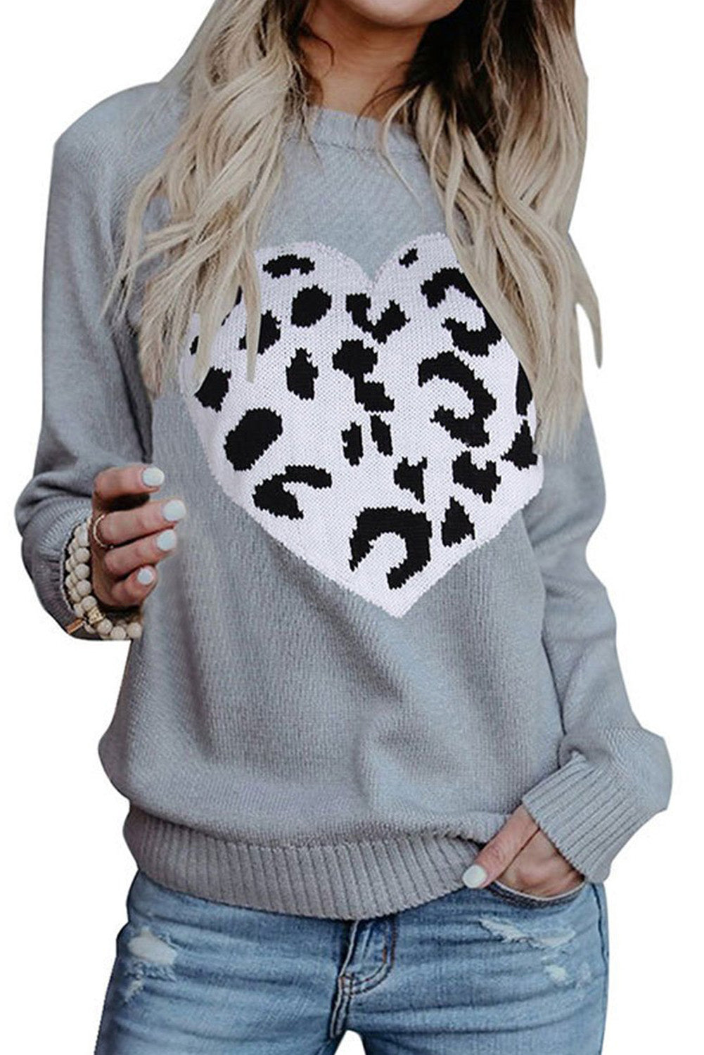 Leopard Heart Pattern Casual Sweater