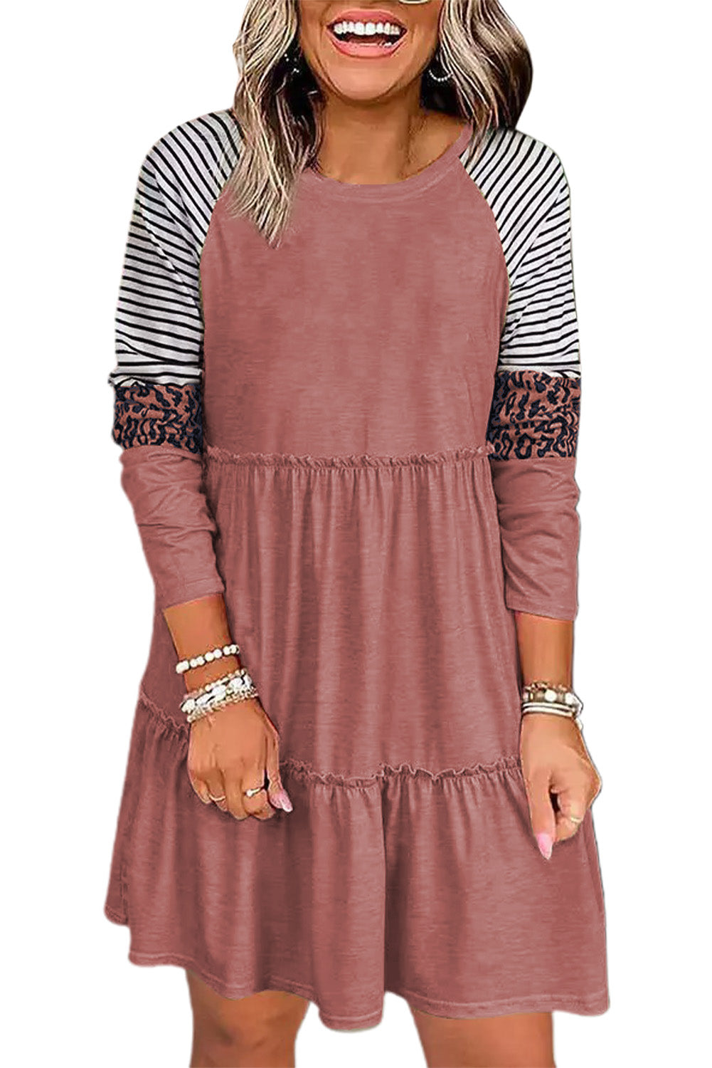 Striped Leopard Patchwork Long Sleeve Mini Dress