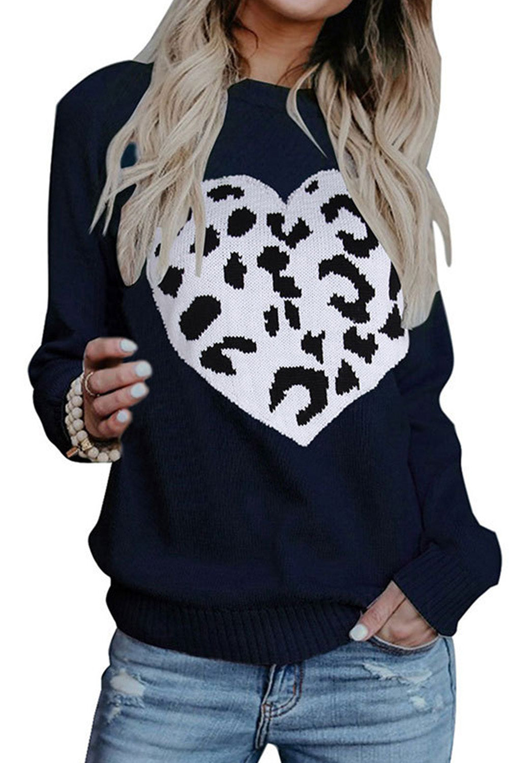 Leopard Heart Pattern Casual Sweater