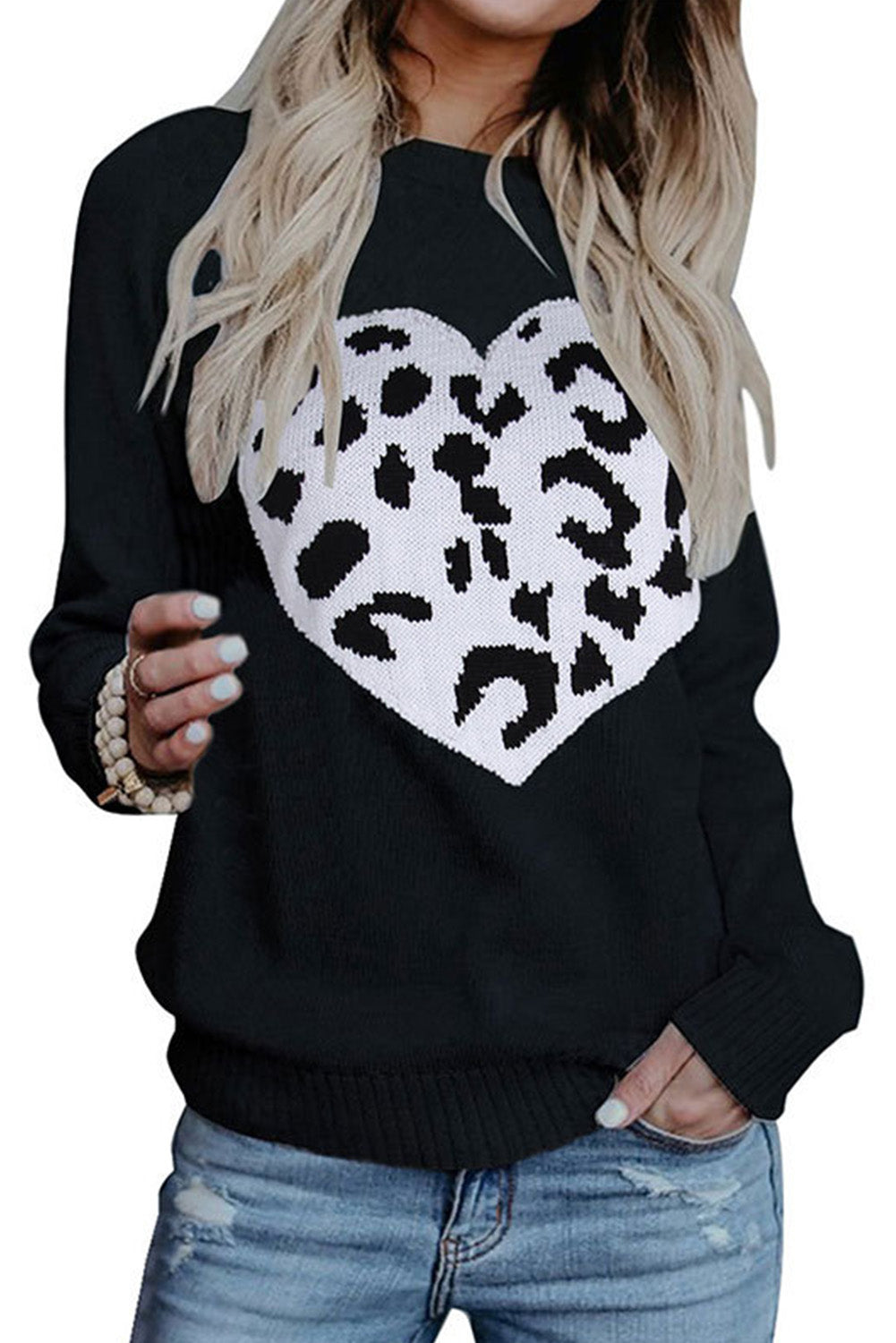 Leopard Heart Pattern Casual Sweater