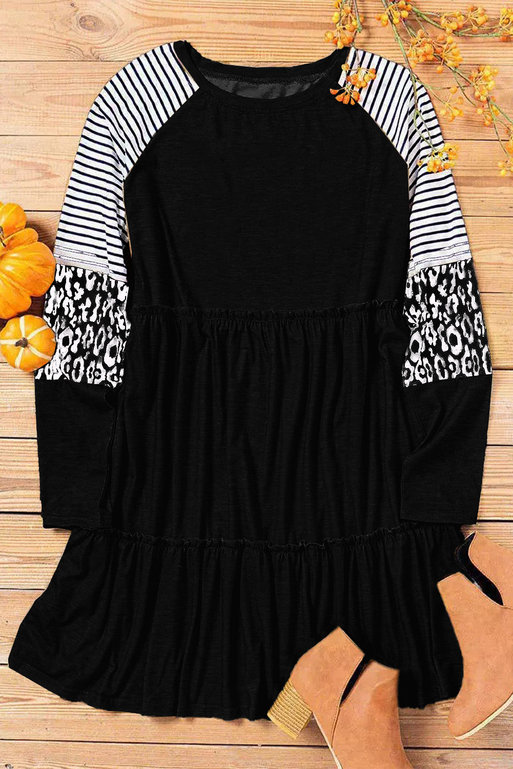 Striped Leopard Patchwork Long Sleeve Mini Dress