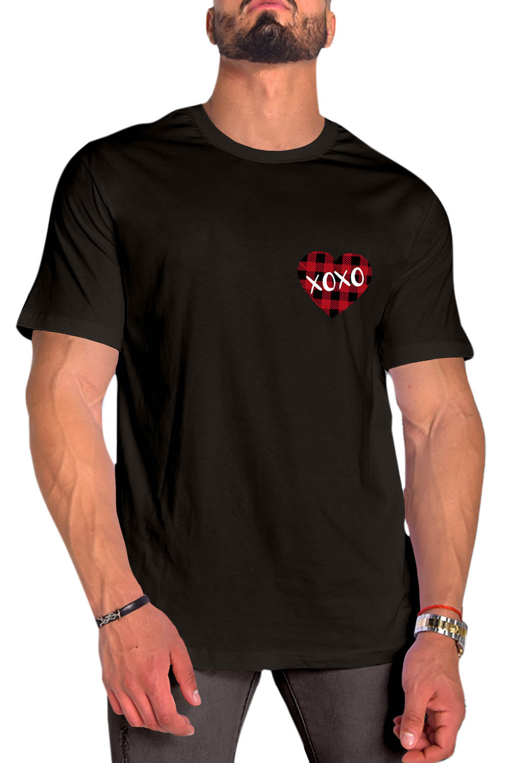 XOXO Plaid Heart Print Crew Neck Men's T-shirt