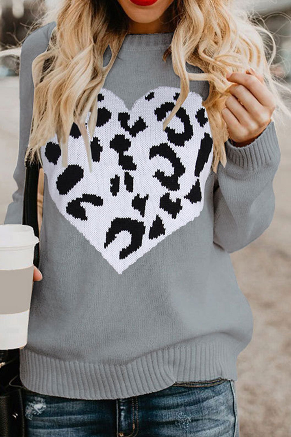 Leopard Heart Pattern Casual Sweater