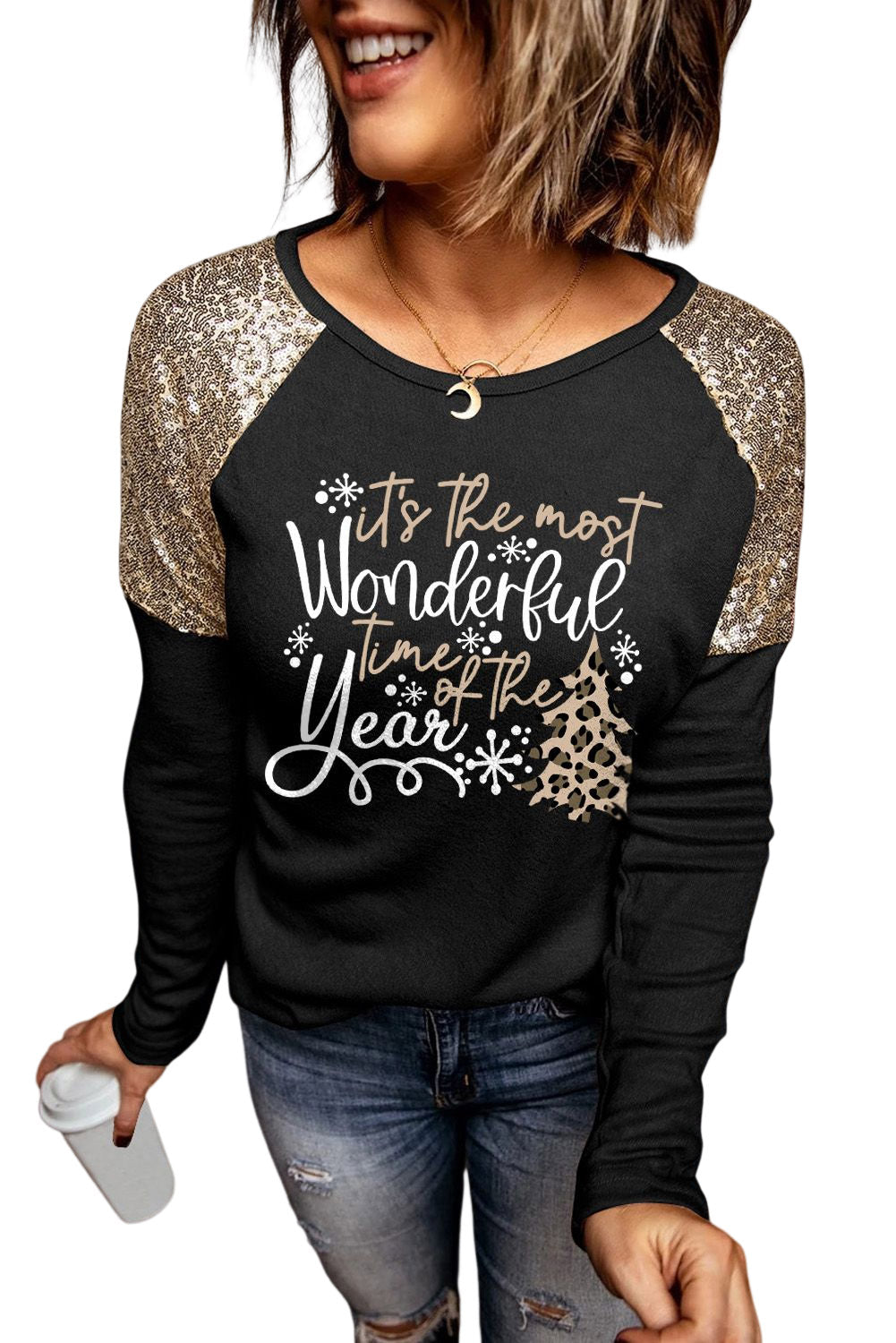 Let's Get Smashed Pumpkin Glitter Print Sequin Contrast Top