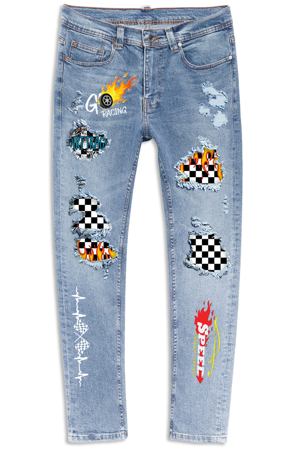 Men's Skull Print Patchwork Distressed Skinny High Waist Jeans