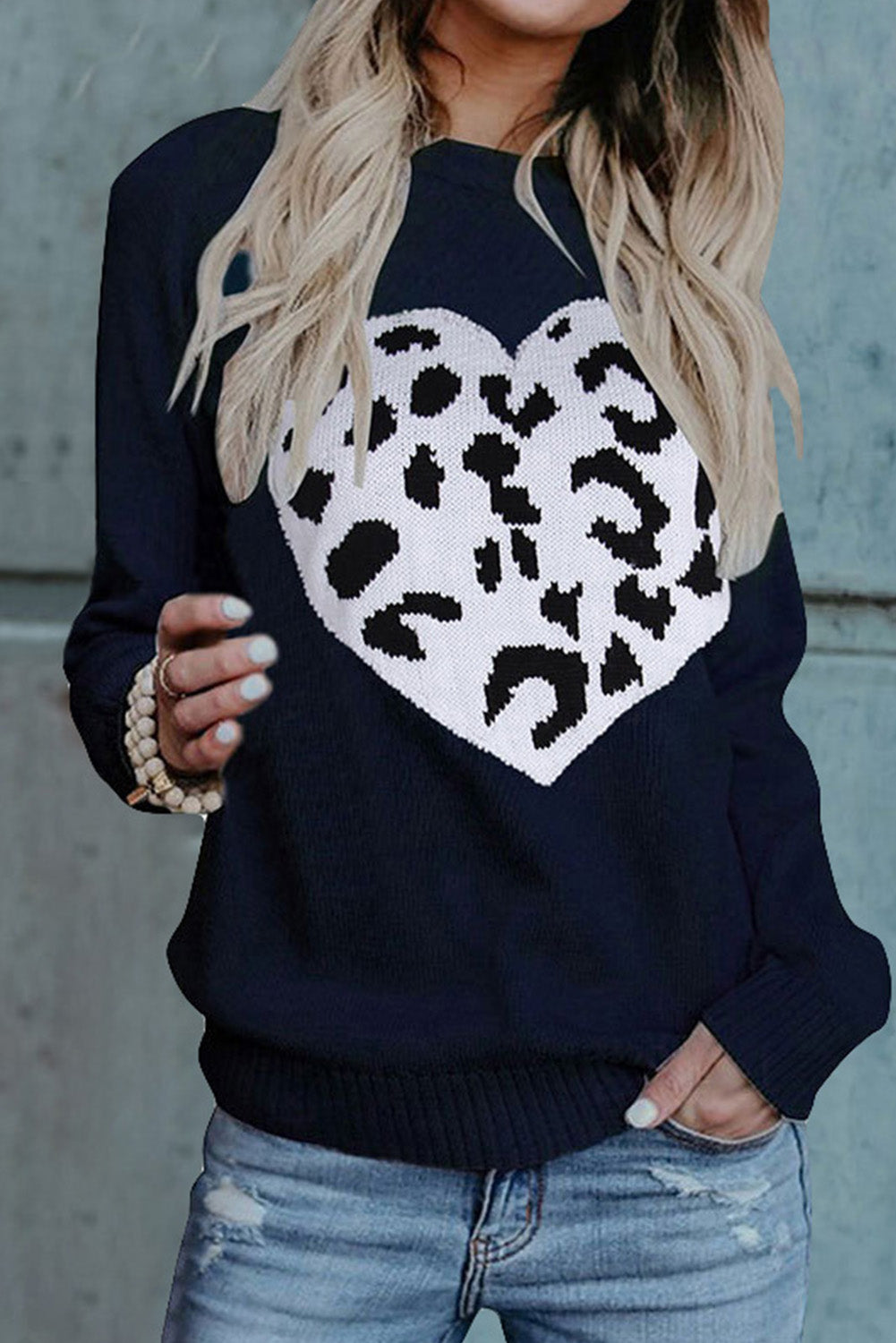 Leopard Heart Pattern Casual Sweater