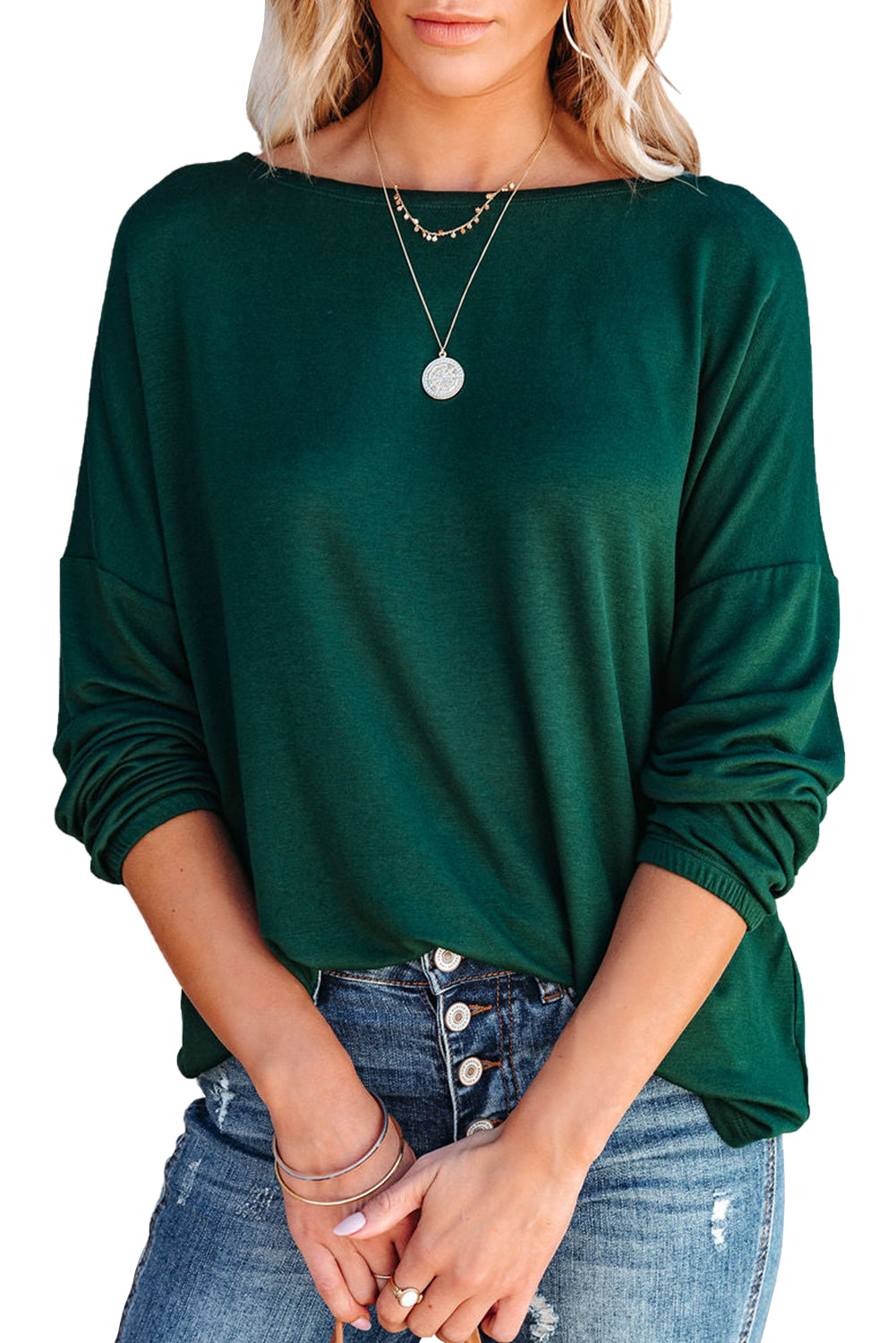 Loose Fit Wide Neck Batwing Sleeves Top