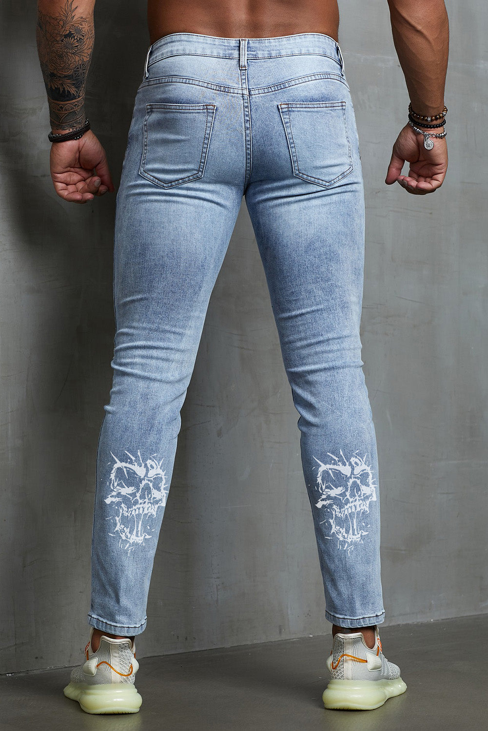 Men's Skull Print Patchwork Distressed Skinny High Waist Jeans