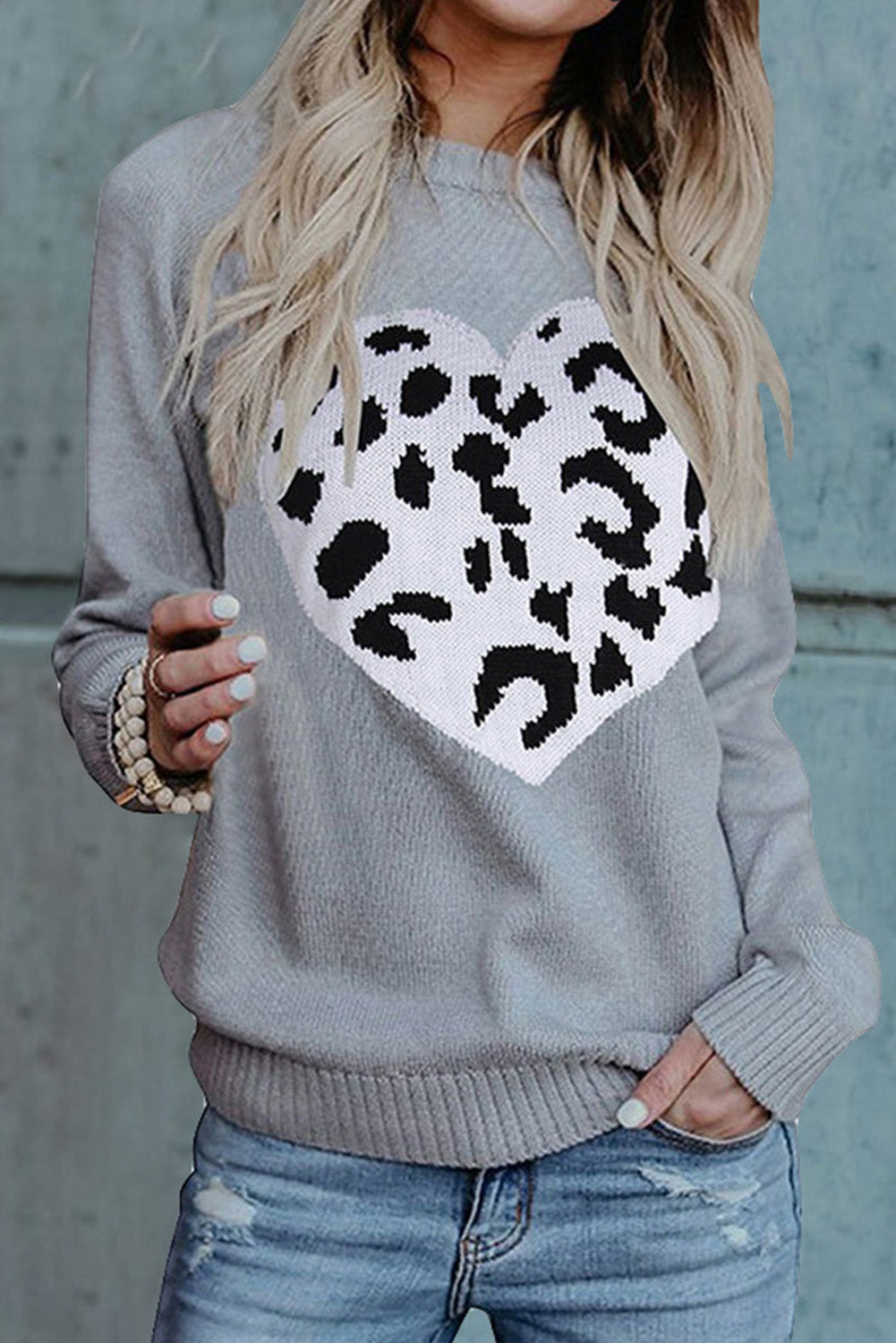 Leopard Heart Pattern Casual Sweater