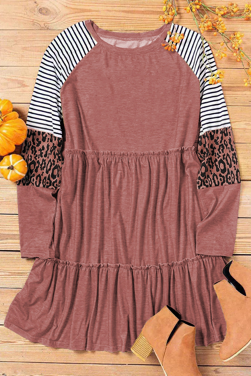 Striped Leopard Patchwork Long Sleeve Mini Dress