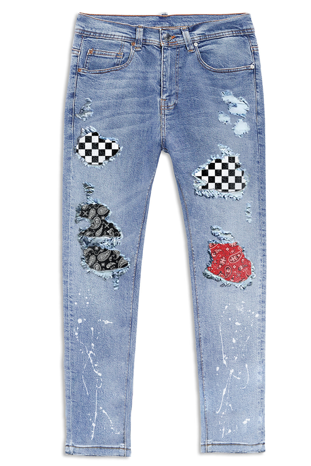 Men's Skull Print Patchwork Distressed Skinny High Waist Jeans