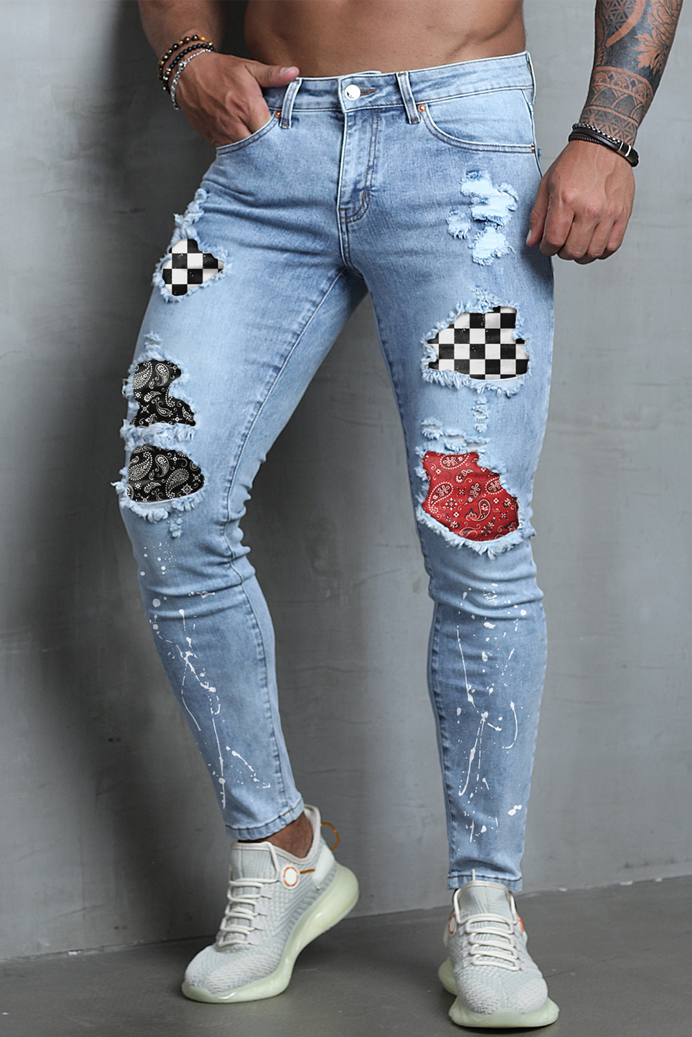 Men's Skull Print Patchwork Distressed Skinny High Waist Jeans