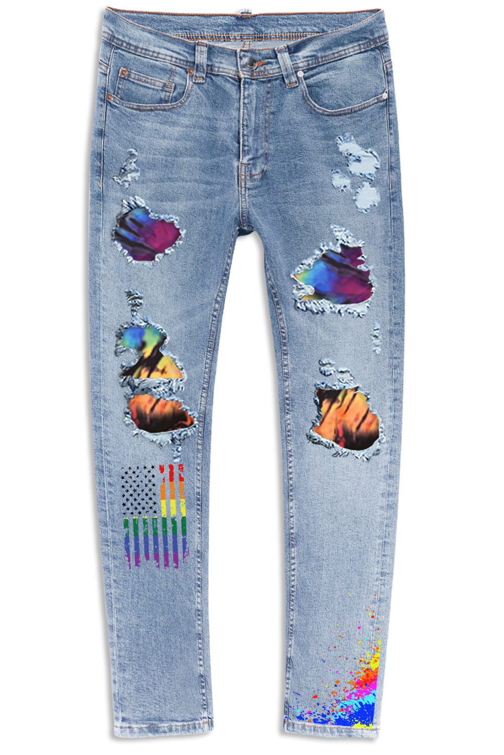 Men's Skull Print Patchwork Distressed Skinny High Waist Jeans