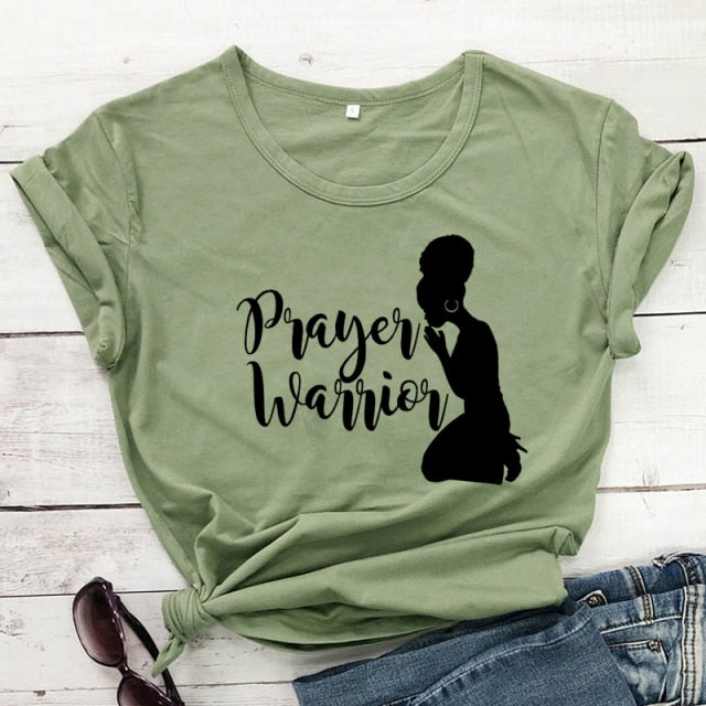 Prayer Warrior Powerful Afro Print T-shirt Casual Women Christian Faith Tshirt Summer Short Sleeve 90s Graphic Yellow Tops Tees