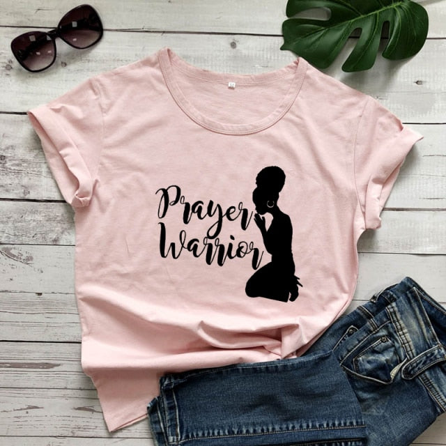 Prayer Warrior Powerful Afro Print T-shirt Casual Women Christian Faith Tshirt Summer Short Sleeve 90s Graphic Yellow Tops Tees