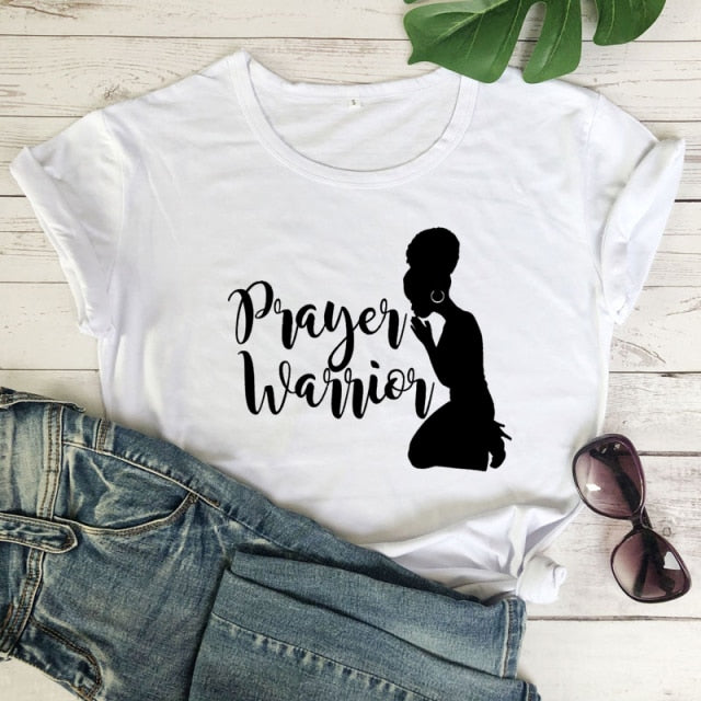 Prayer Warrior Powerful Afro Print T-shirt Casual Women Christian Faith Tshirt Summer Short Sleeve 90s Graphic Yellow Tops Tees