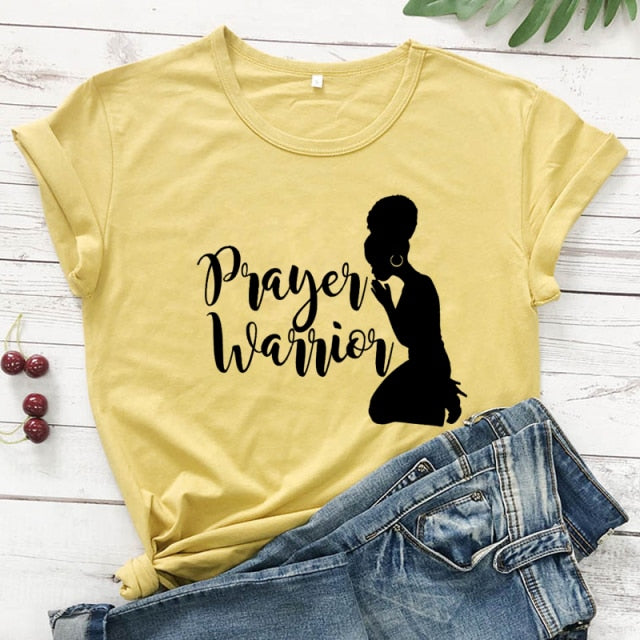 Prayer Warrior Powerful Afro Print T-shirt Casual Women Christian Faith Tshirt Summer Short Sleeve 90s Graphic Yellow Tops Tees