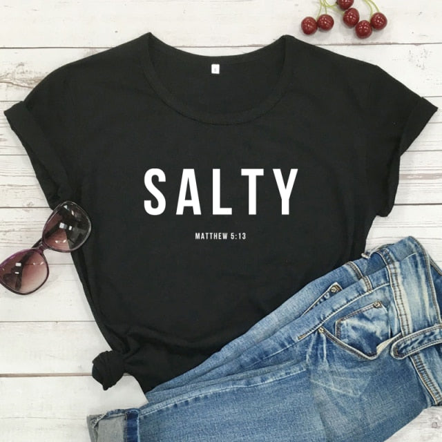 Salty Matthew 5:13 T-shirt Vintage Christian Bible Verse Tees Tops Casual Womens Crewneck Graphic Summer Tshirt