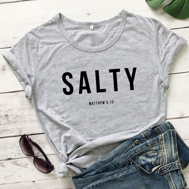 Salty Matthew 5:13 T-shirt Vintage Christian Bible Verse Tees Tops Casual Womens Crewneck Graphic Summer Tshirt