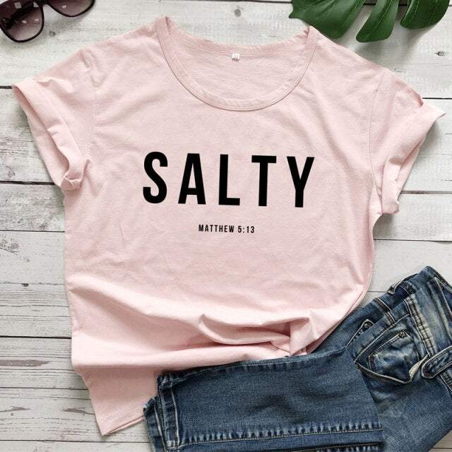 Salty Matthew 5:13 T-shirt Vintage Christian Bible Verse Tees Tops Casual Womens Crewneck Graphic Summer Tshirt