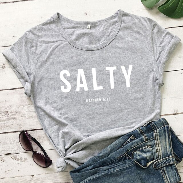 Salty Matthew 5:13 T-shirt Vintage Christian Bible Verse Tees Tops Casual Womens Crewneck Graphic Summer Tshirt