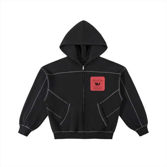 Contrast-Stitched Boxy Fleece Zip Hoodie