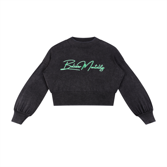 Women's Mineral Wash Balloon Sleeve Cropped Sweater