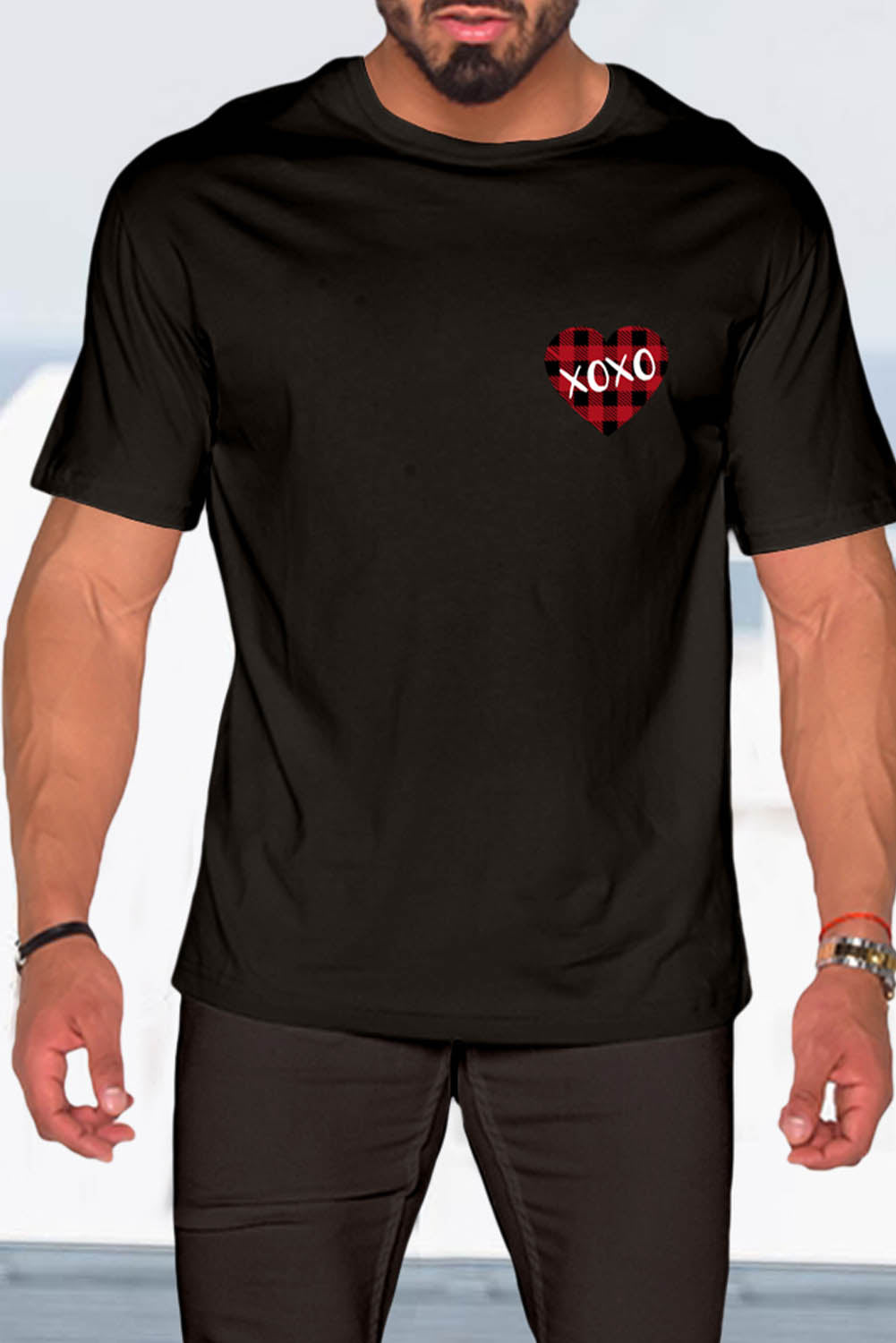 XOXO Plaid Heart Print Crew Neck Men's T-shirt