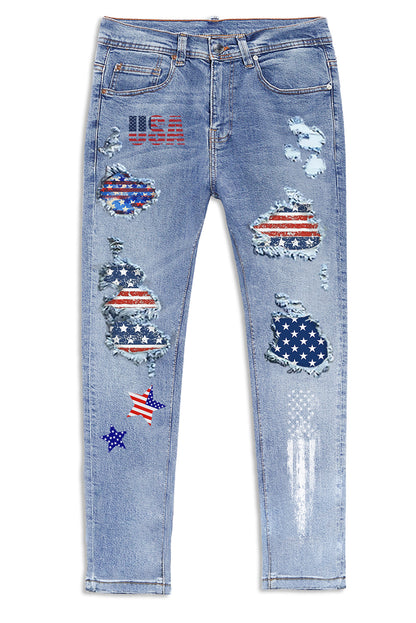 Men's Skull Print Patchwork Distressed Skinny High Waist Jeans