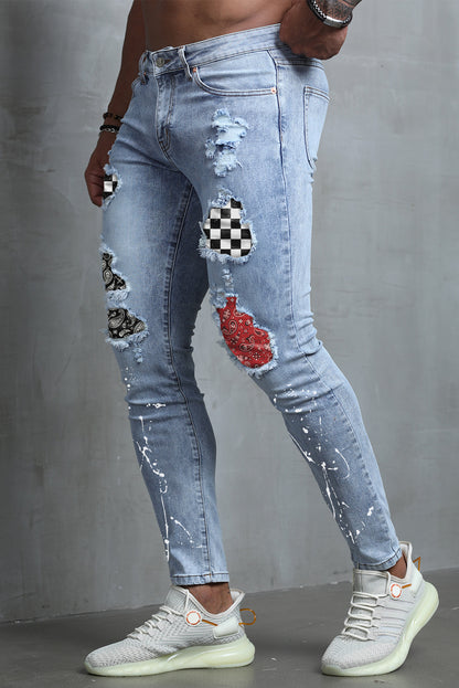 Men's Skull Print Patchwork Distressed Skinny High Waist Jeans