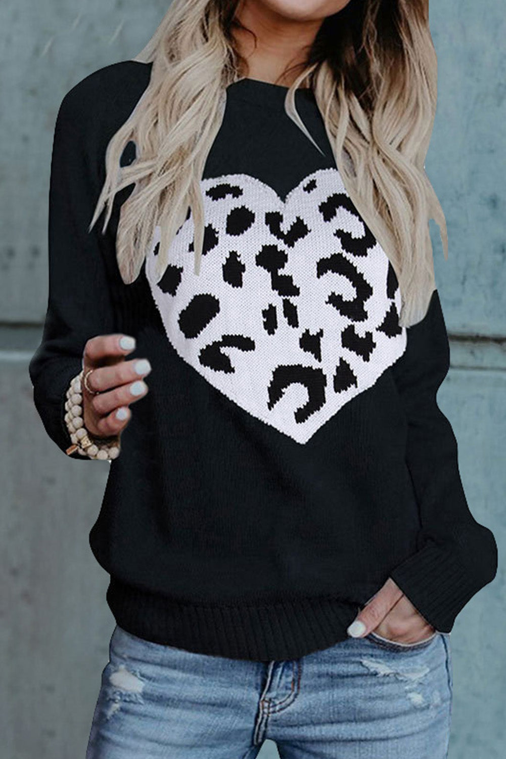 Leopard Heart Pattern Casual Sweater