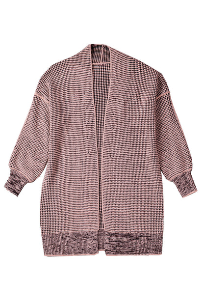 Black Plaid Knitted Long Open Front Cardigan