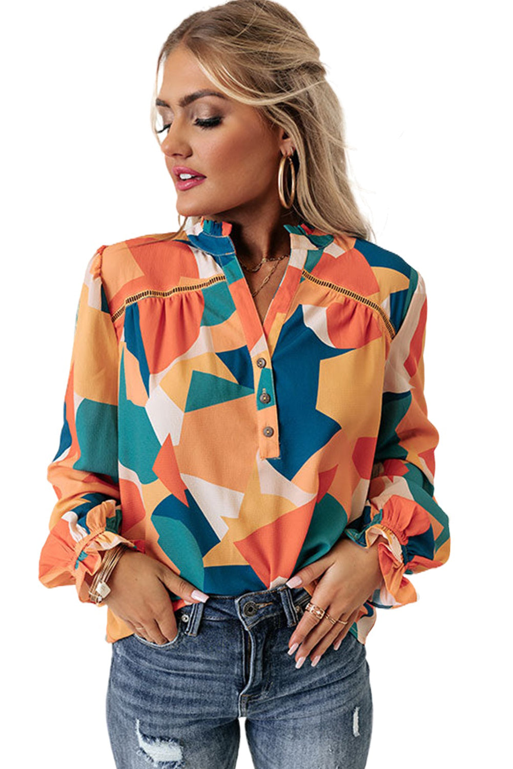 Geometric Patchwork Print Half Buttoned Blouse