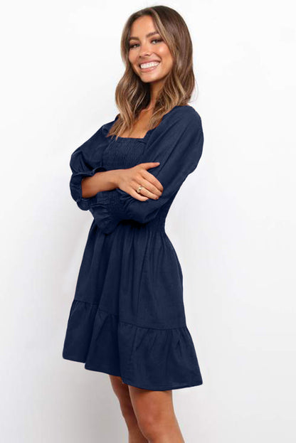 Square Neck Smocked Balloon Sleeve A-line Dress