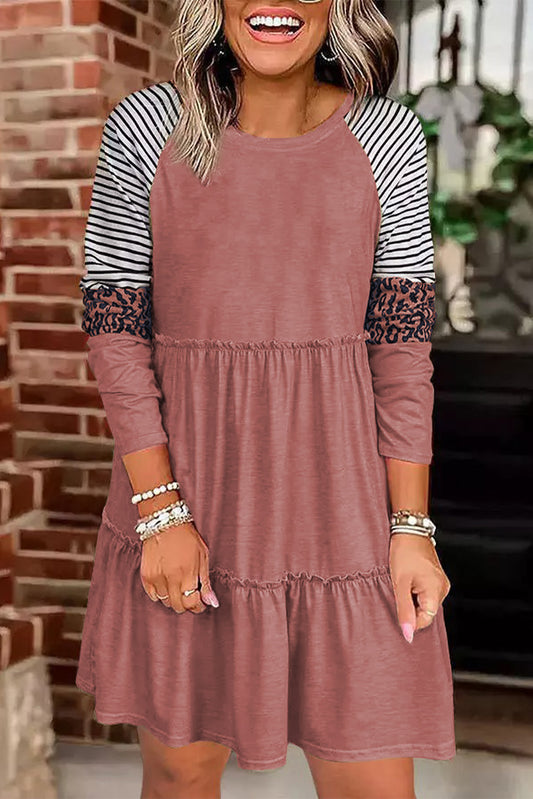 Striped Leopard Patchwork Long Sleeve Mini Dress