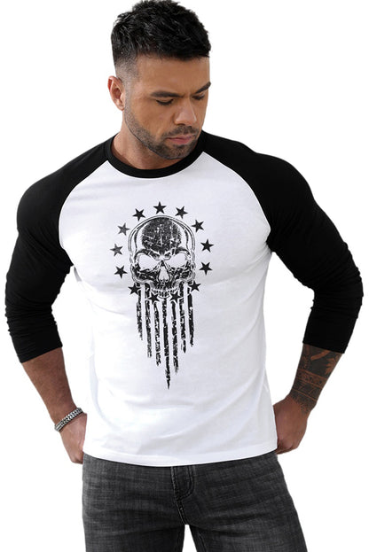 Men's Letter Skull Print Color Block Long Sleeve Top