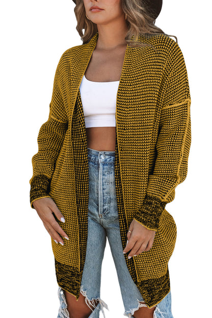 Black Plaid Knitted Long Open Front Cardigan