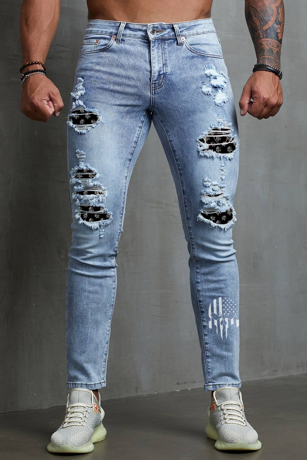 Men's Skull Print Patchwork Distressed Skinny High Waist Jeans