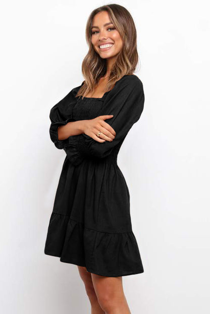 Square Neck Smocked Balloon Sleeve A-line Dress