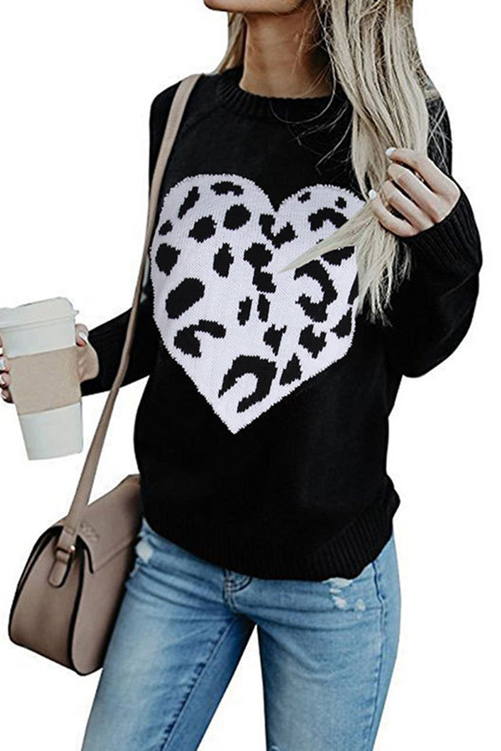 Leopard Heart Pattern Casual Sweater