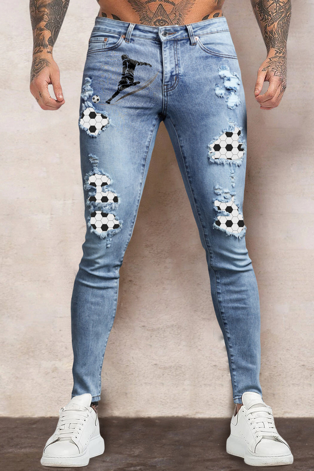 Men's Skull Print Patchwork Distressed Skinny High Waist Jeans
