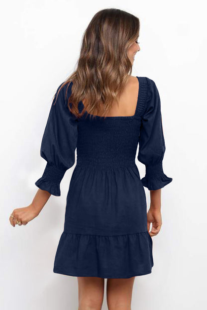 Square Neck Smocked Balloon Sleeve A-line Dress