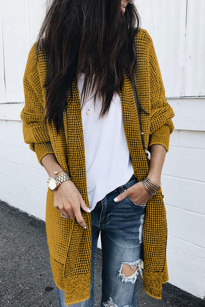 Black Plaid Knitted Long Open Front Cardigan