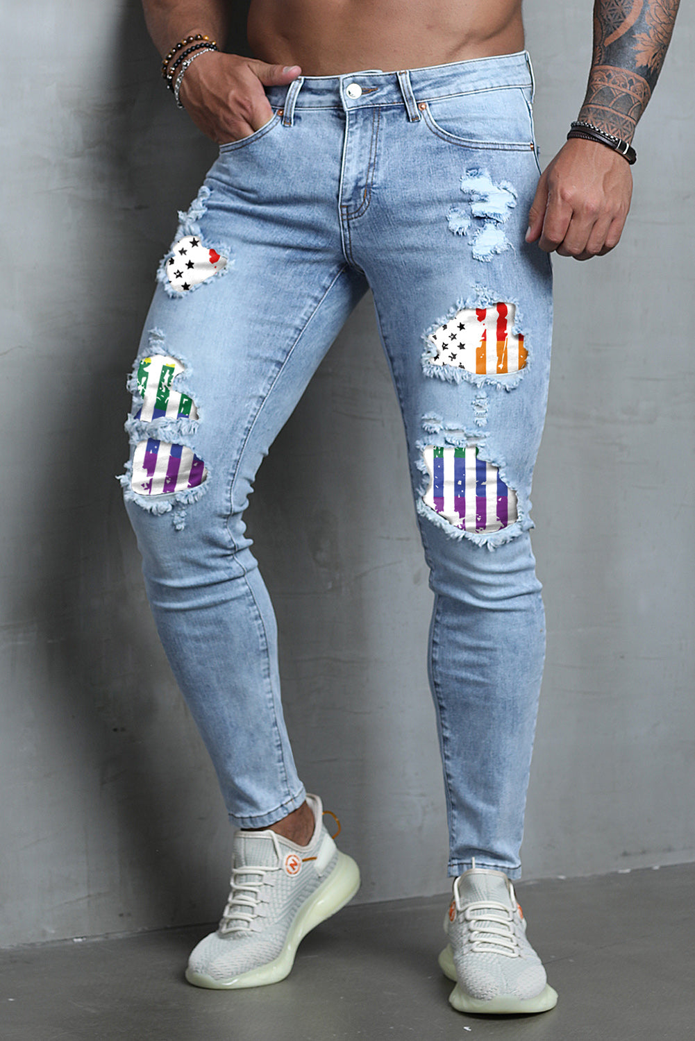 Men's Skull Print Patchwork Distressed Skinny High Waist Jeans