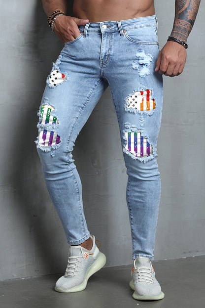 Men's Skull Print Patchwork Distressed Skinny High Waist Jeans