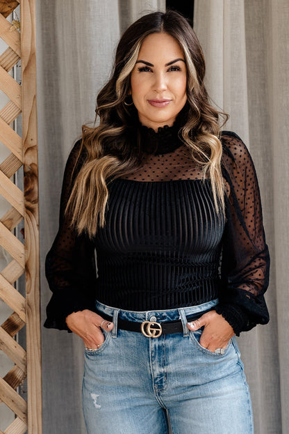 Sheer Dotty Long Sleeve Ribbed Velvet Bodysuit