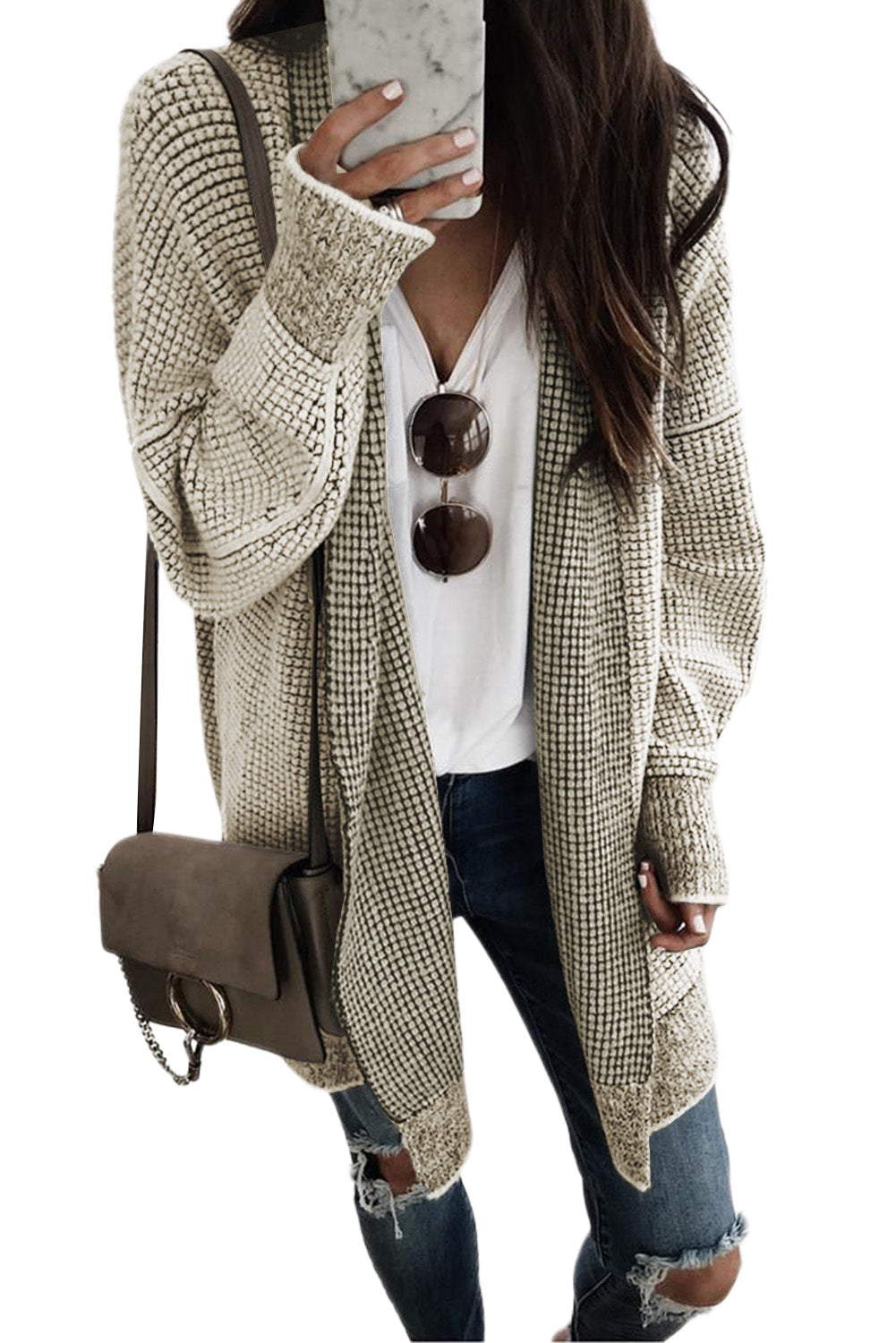 Black Plaid Knitted Long Open Front Cardigan