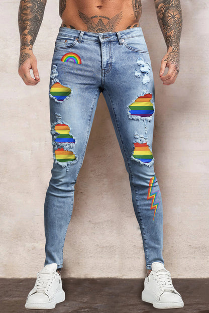 Men's Skull Print Patchwork Distressed Skinny High Waist Jeans
