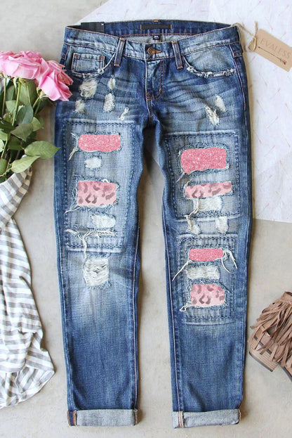 Butterfly Glitter Patchwork Acid Wash Distressed Jeans