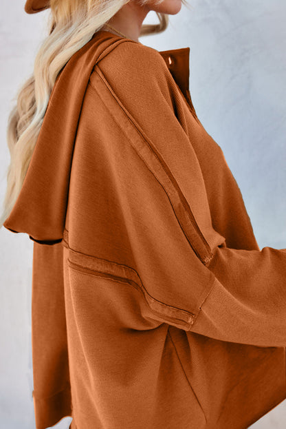 Casual Button Solid Patchwork Trim Hoodie